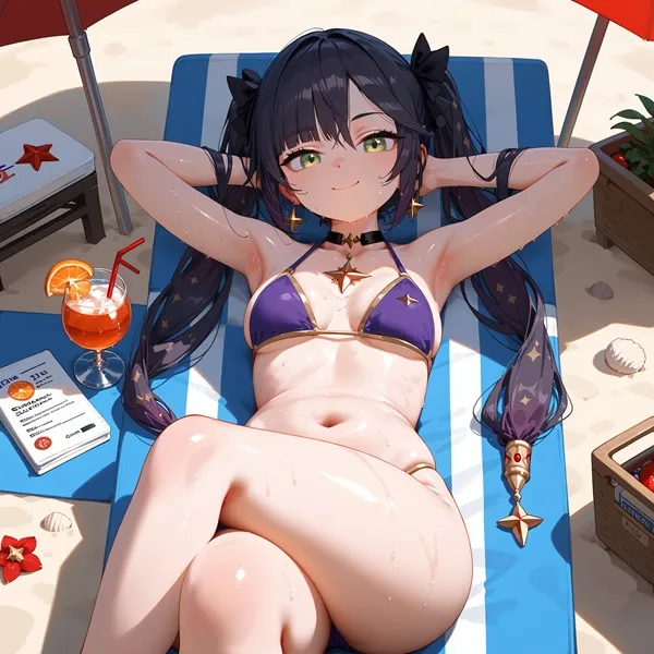 Ảnh mona bikini cô gái anime gợi cảm nằm trên ghế bãi biển với một ly cocktail trong tay