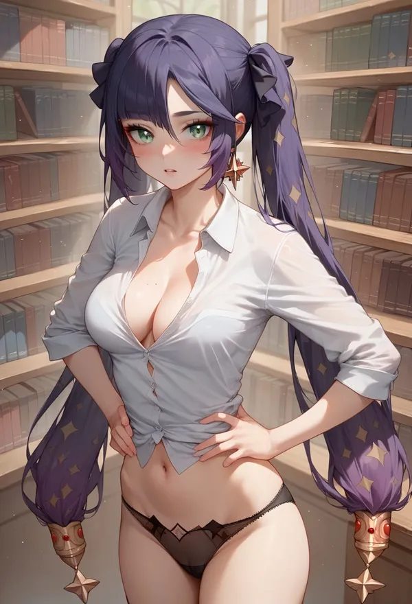 Ảnh mona bikini cô gái anime với mái tóc màu tím tạo dáng trước giá sách