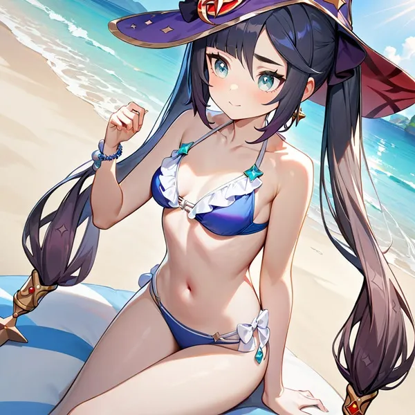 Ảnh mona bikini áo tắm có màu xanh và trắng với một chiếc mũ lớn trên cùng