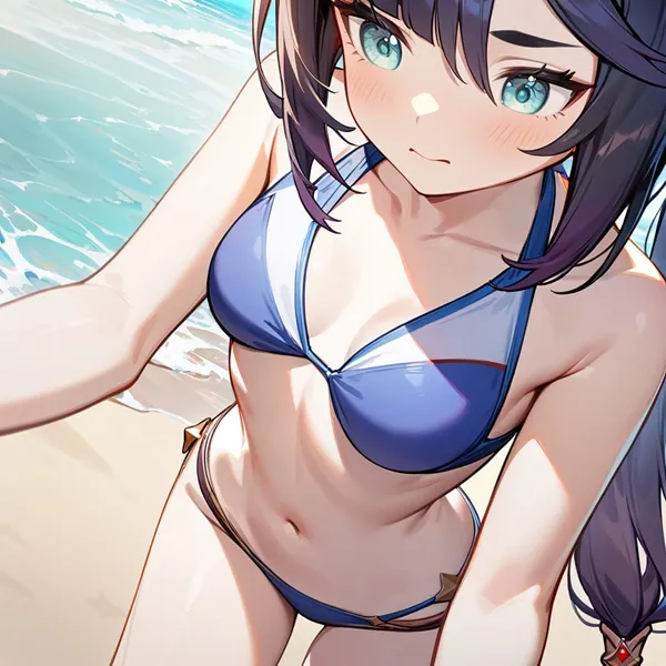 Ảnh mona cosplay có một người phụ nữ mặc bikini đứng trên bãi biển