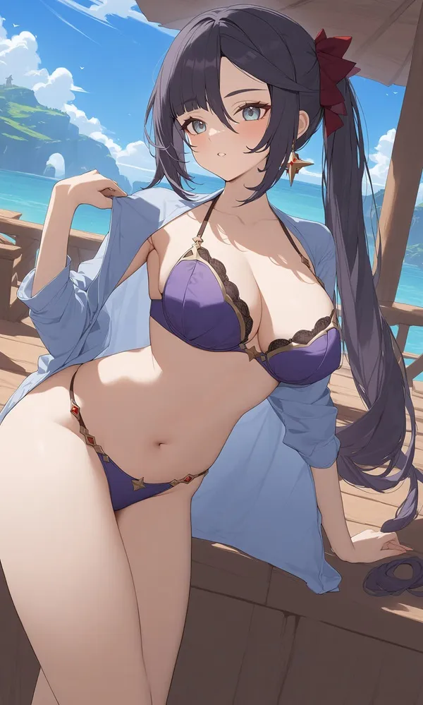 Ảnh mona hentai cô gái anime gợi cảm trong bộ bikini tạo dáng trên sàn gỗ