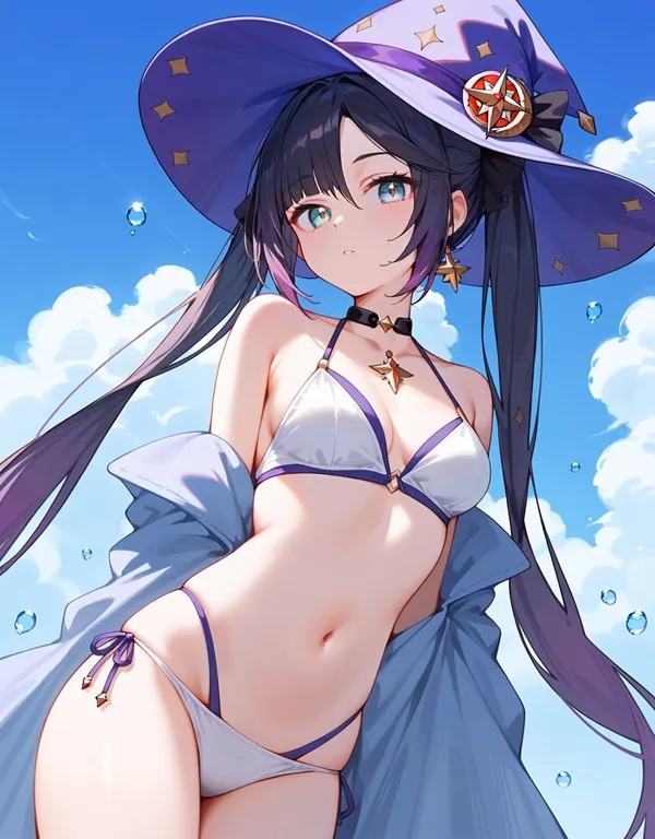 Ảnh mona hentai cô gái anime trong chiếc mũ màu tím và bộ bikini tạo dáng trên bãi biển