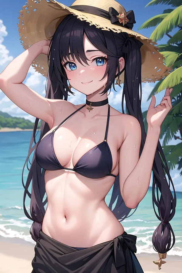 Ảnh mona cosplay cô gái anime mặc bikini với chiếc mũ trên bãi biển bên đại dương
