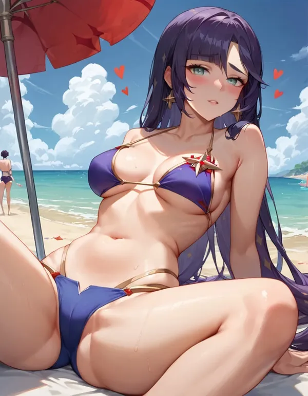 Ảnh mona cosplay người phụ nữ tóc màu tím trong bộ bikini ngồi trên bãi biển dưới chiếc