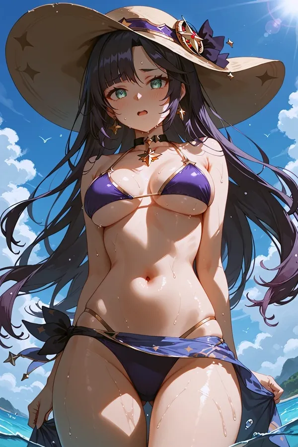Ảnh mona bikini một cô gái anime mặc và mũ đứng trong nước