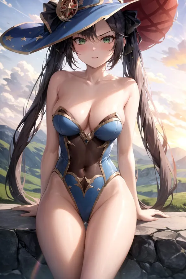 Ảnh mona cosplay có một người phụ nữ mặc bikini và mũ ngồi trên tường