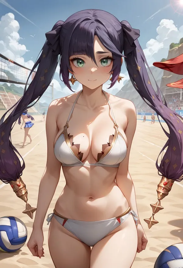 Ảnh mona hentai cô gái anime trong bộ bikini trên bãi biển với những quả bóng chuyền