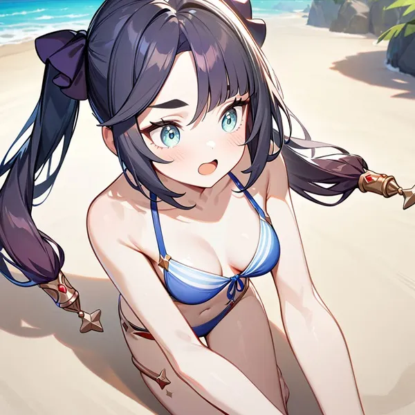 Ảnh mona hentai hình minh họa của một người phụ nữ mặc bikini trên bãi biển với thanh kiếm