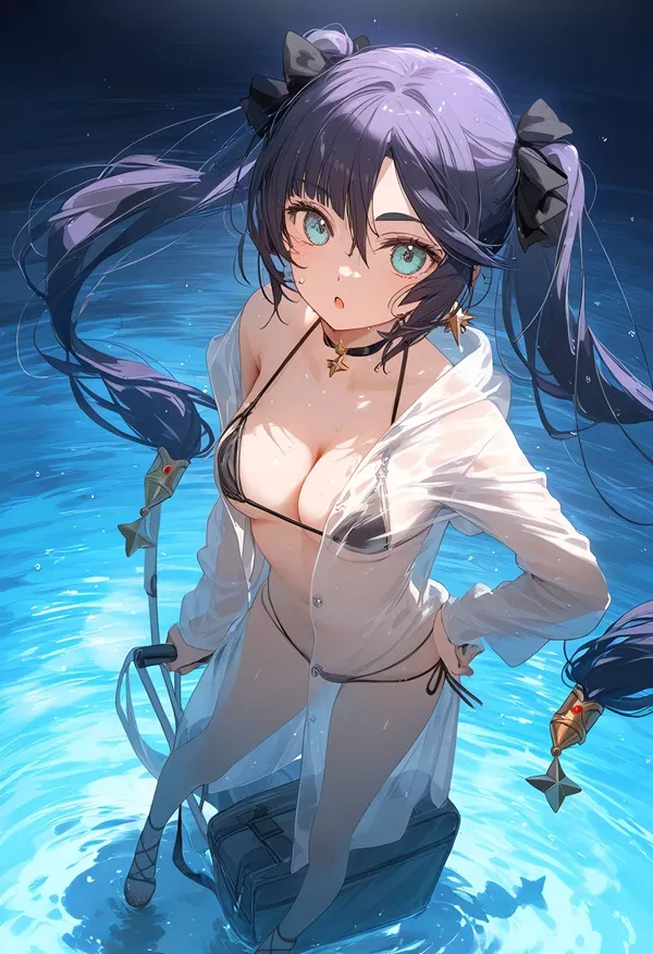 Ảnh mona hentai cô gái anime với mái tóc dài màu tím đứng trong hồ nước