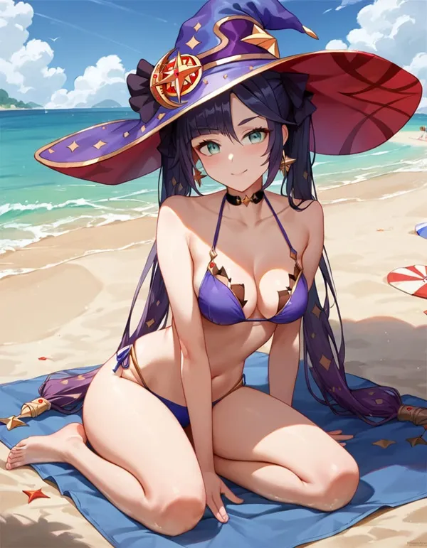 Ảnh mona hentai có một người phụ nữ mặc bikini và mũ ngồi trên bãi biển
