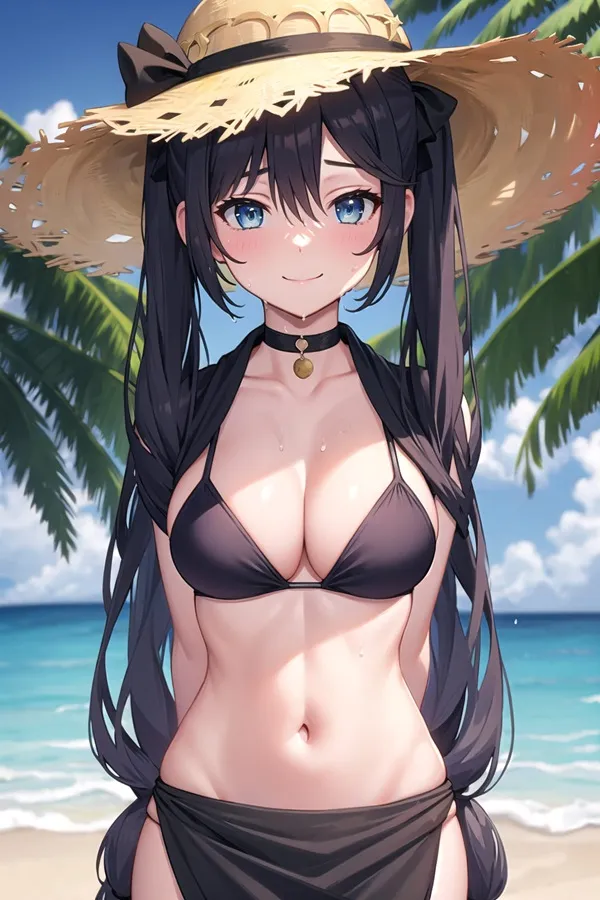 Ảnh mona hentai người phụ nữ mặc bikini và mũ rơm trên bãi biển với cây cọ trong nền
