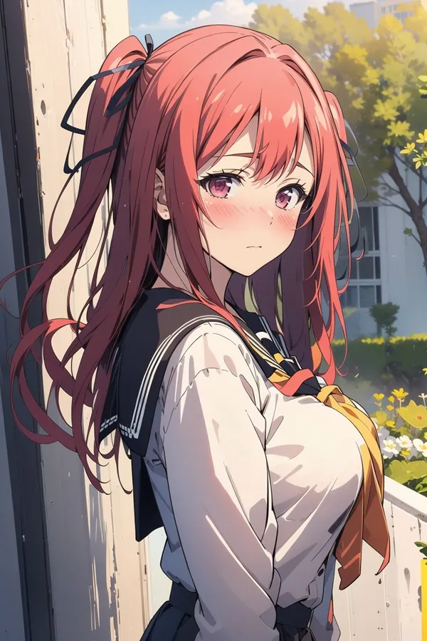 Ảnh naruse mio hentai có một người phụ nữ mái tóc đỏ dài đứng bên ngoài tòa nhà