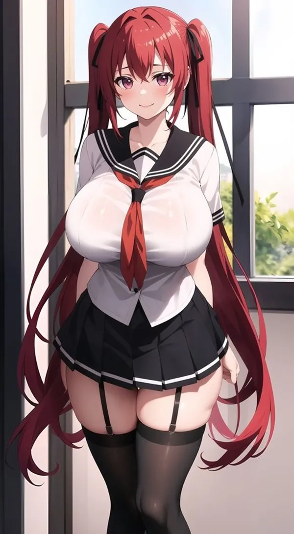 Ảnh naruse mio hentai có một người phụ nữ mái tóc đỏ dài mặc đồng phục và vớ