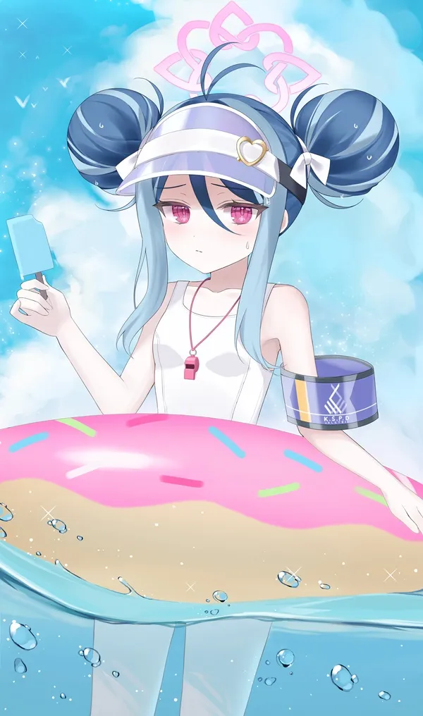 Ảnh nemugaki fubuki bikini cô gái anime ngồi trên bánh rán trong nước với điện thoại di động tay