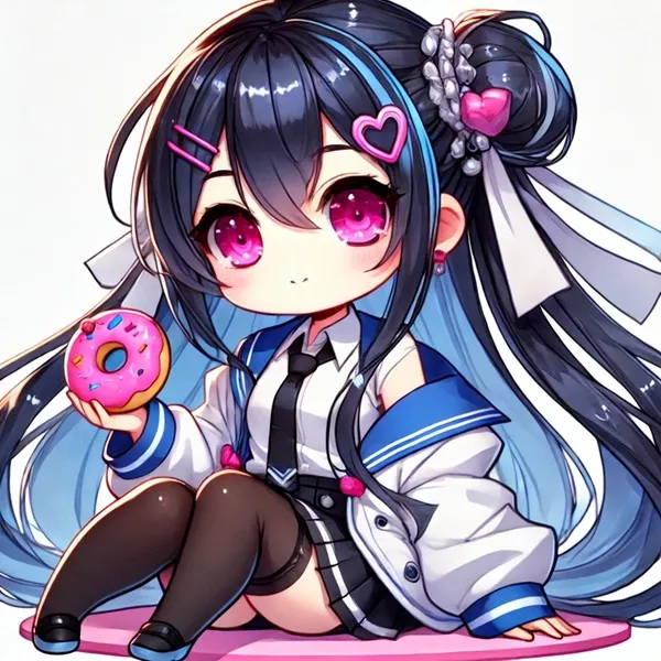 Nemugaki fubuki bikini cô gái anime nhật bản với mái tóc đen dài và đôi mắt màu hồng cầm một chiếc bánh rán