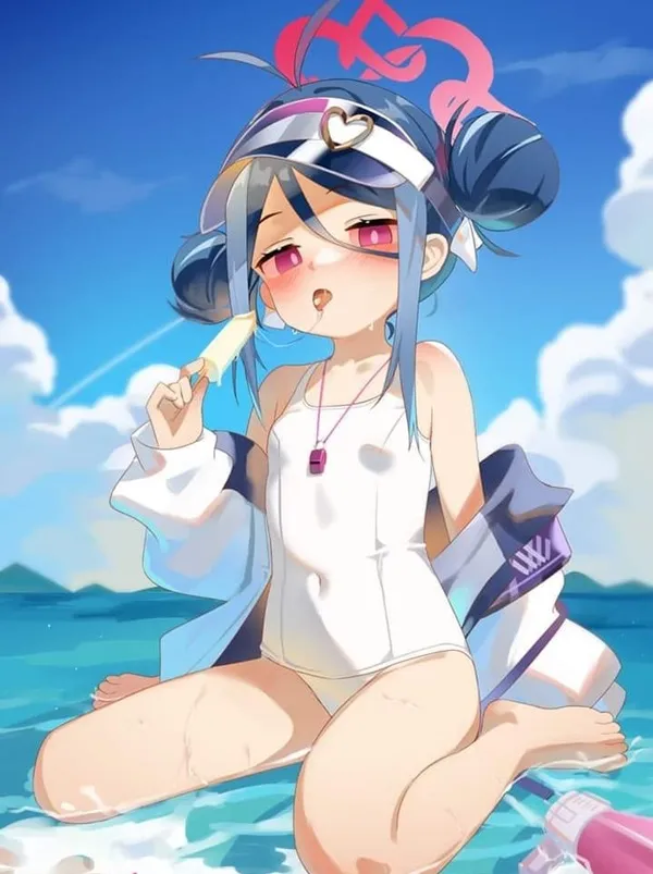 Nemugaki fubuki chibi có một cô gái anime ngồi trên bãi biển với điện thoại di động