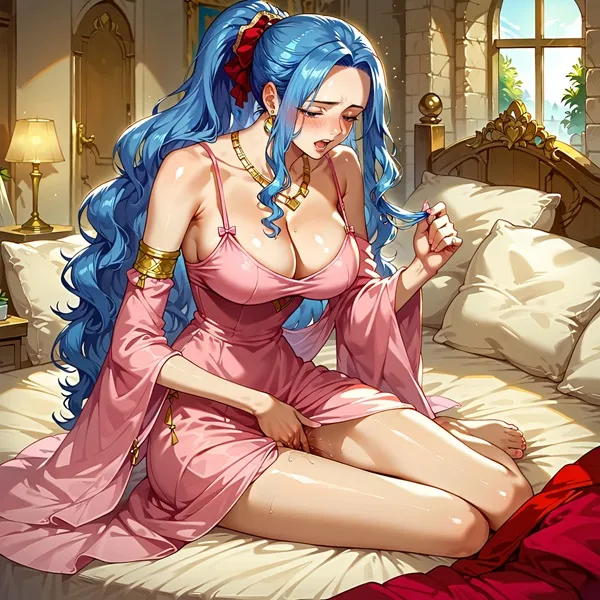 Ảnh one piece sex có một người phụ nữ đang ngồi trên giường với mái tóc xanh