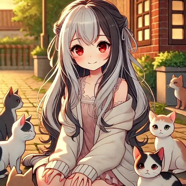 Ảnh onikata kayoko chibi cô gái anime ngồi trên mặt đất với những con mèo trước