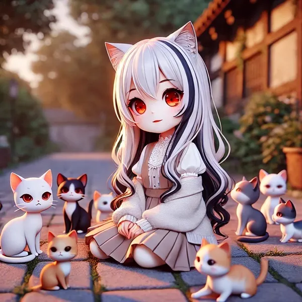 Ảnh onikata kayoko chibi cô gái anime ngồi trước một đám mèo con
