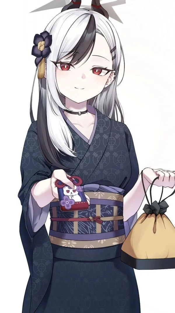 Ảnh onikata kayoko chibi có một người phụ nữ trong bộ trang phục kimono cầm túi