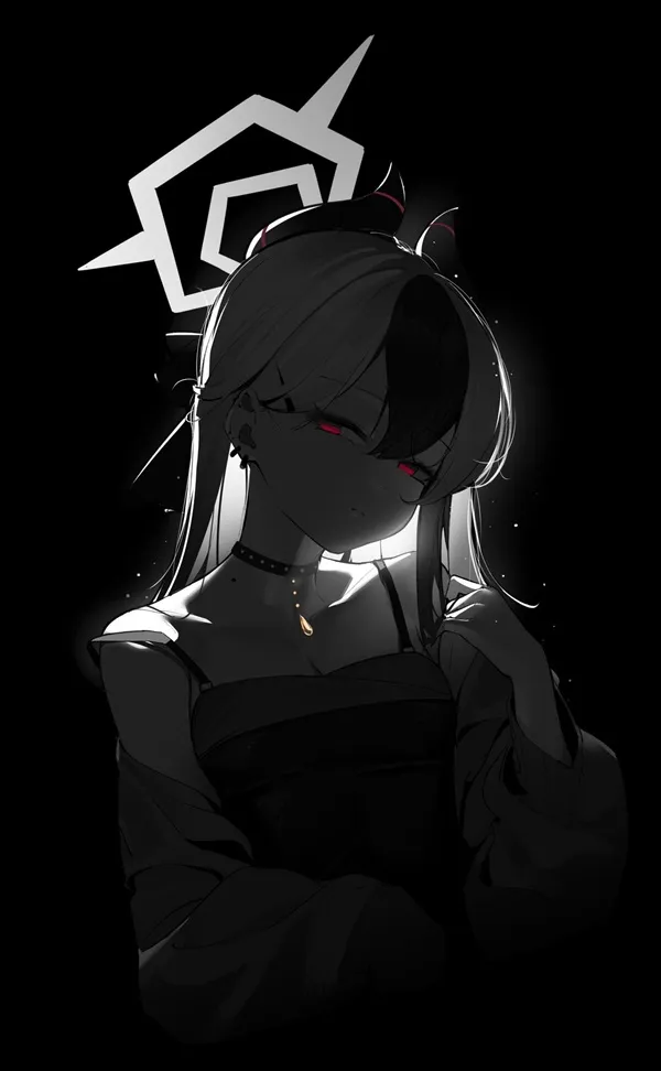 Ảnh onikata kayoko cô gái anime đen trắng với đôi mắt đỏ trong bóng tối