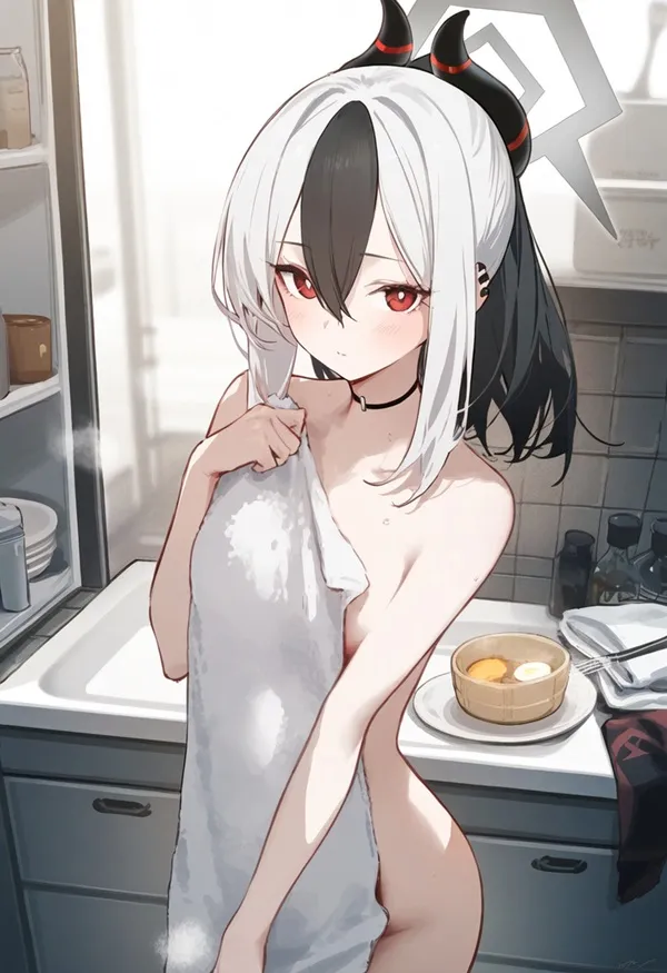 Ảnh onikata kayoko hentai cô gái anime mặc áo choàng trong nhà bếp với thức ăn trên quầy