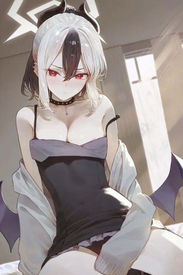 Ảnh onikata kayoko hentai cô gái anime với mái tóc trắng ngồi trên giường trong chiếc váy đen