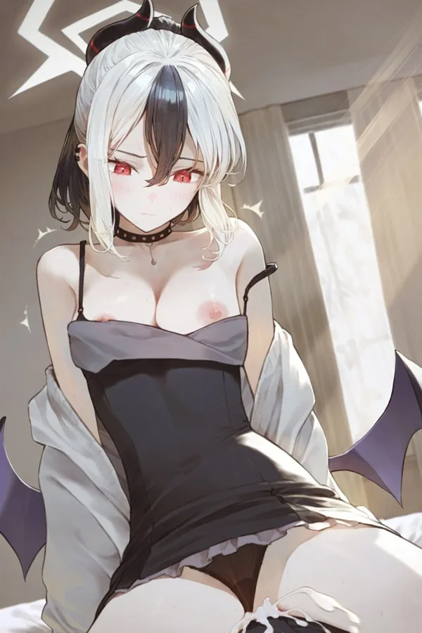 Ảnh onikata kayoko cute có một người phụ nữ đang ngồi trên giường với con dơi