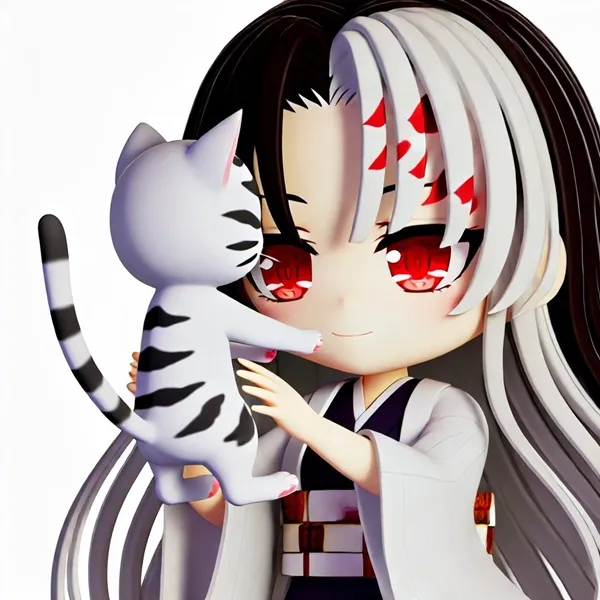 Ảnh onikata kayoko chibi có một cô gái cầm con mèo trắng và đen với đôi mắt đỏ