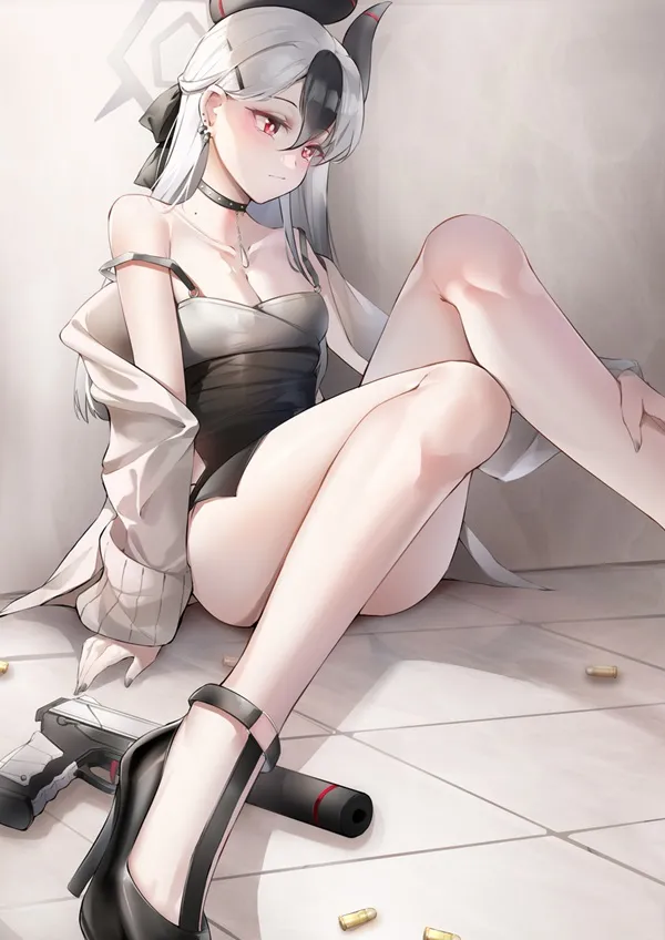 Ảnh onikata kayoko hentai có một người phụ nữ đang ngồi trên sàn với hai chân của cô ấy vượt qua