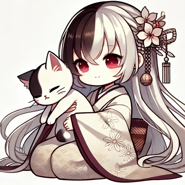 Ảnh onikata kayoko hentai cô gái anime với mái tóc trắng dài cầm một con mèo đen
