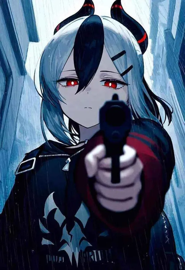 Ảnh onikata kayoko hentai cô gái có mái tóc xanh cầm súng trong mưa