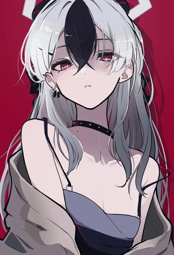 Ảnh onikata kayoko hentai có một cô gái anime với mái tóc trắng và đôi mắt đỏ