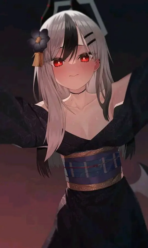 Ảnh onikata kayoko hentai có một người phụ nữ với mái tóc dài và đôi mắt đỏ cầm kiếm