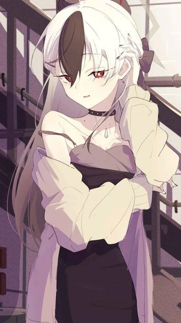 Ảnh onikata kayoko woman with white hair and black skirt standing in front of staircase