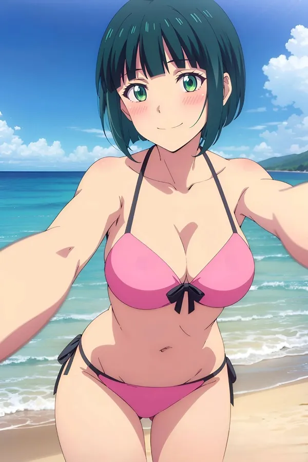 Ảnh ono shiragiku bikini có một người phụ nữ mặc màu hồng đứng trên bãi biển
