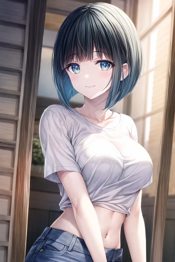 Ảnh ono shiragiku bikini có một người phụ nữ mái tóc xanh đứng trước cửa