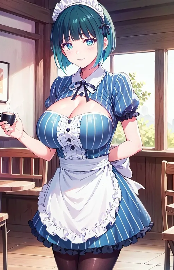 Ảnh ono shiragiku cute có một người phụ nữ mặc trang phục giúp việc cầm tách cà phê