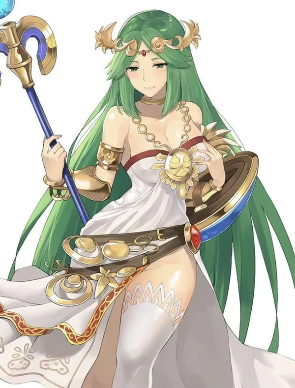 Ảnh palutena dễ thương hình một người phụ nữ có mái tóc dài màu xanh lá cây cầm kiếm