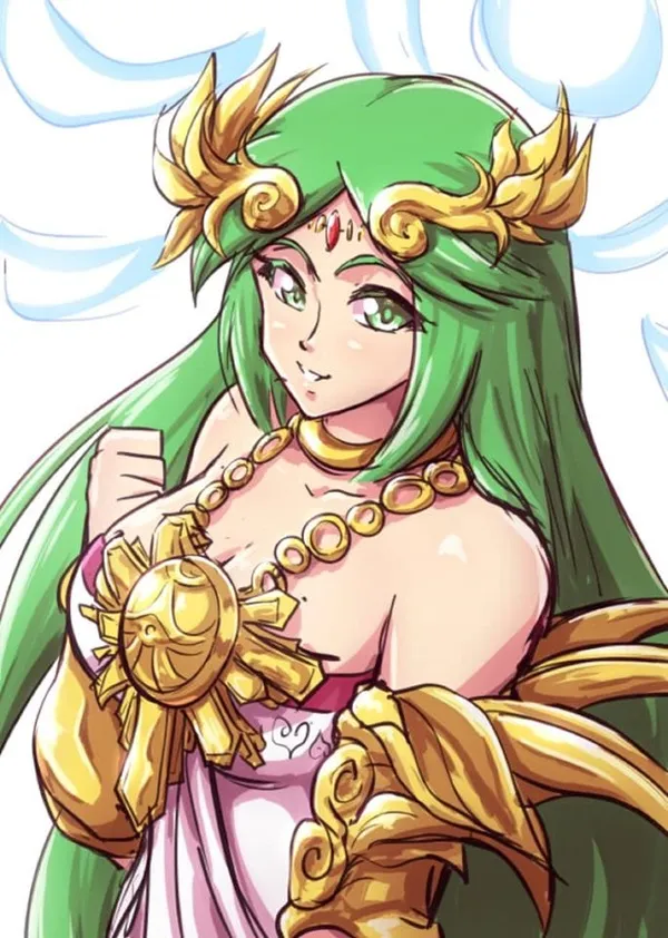 Ảnh palutena hentai hình một người phụ nữ có mái tóc dài màu xanh lá cây và đồ trang sức vàng