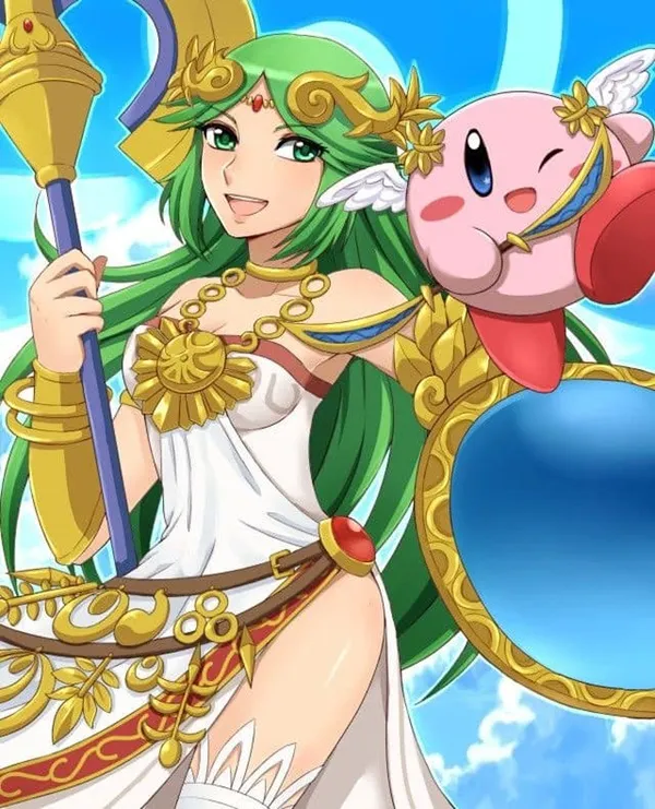 Ảnh palutena hentai hình một người phụ nữ mặc váy trắng cầm kiếm và con lợn màu hồng