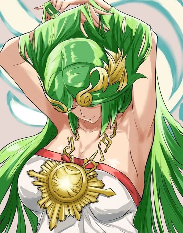 Ảnh palutena hentai một người phụ nữ có mái tóc dài màu xanh lá cây mặc váy trắng và huy chương vàng