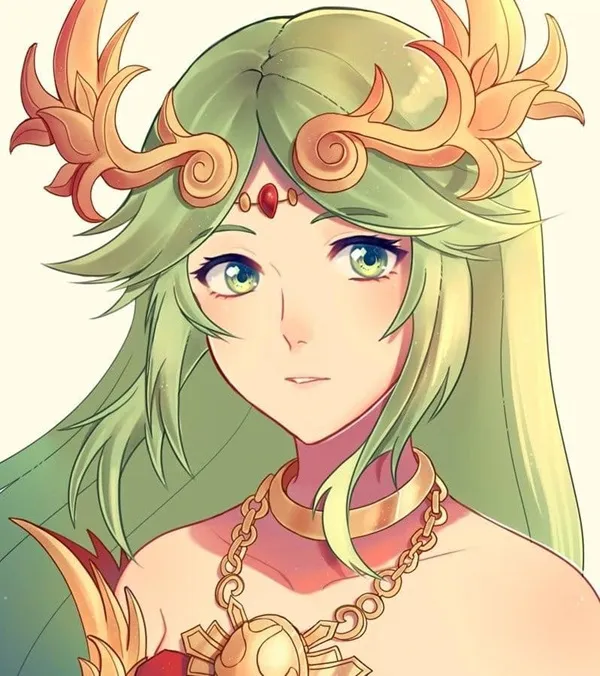Ảnh palutena cô gái anime với mái tóc xanh dài và đồ trang sức bằng vàng cầm kiếm