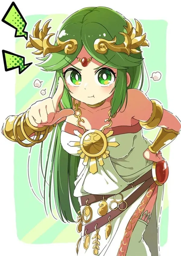 Ảnh palutena cô gái anime với mái tóc xanh và đôi mắt chỉ vào máy