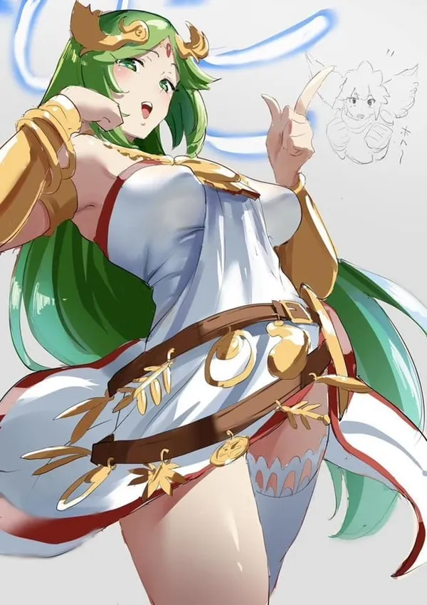 Ảnh palutena dễ thương có một người phụ nữ mặc chiếc váy trắng với mái tóc màu xanh lá cây và thanh kiếm