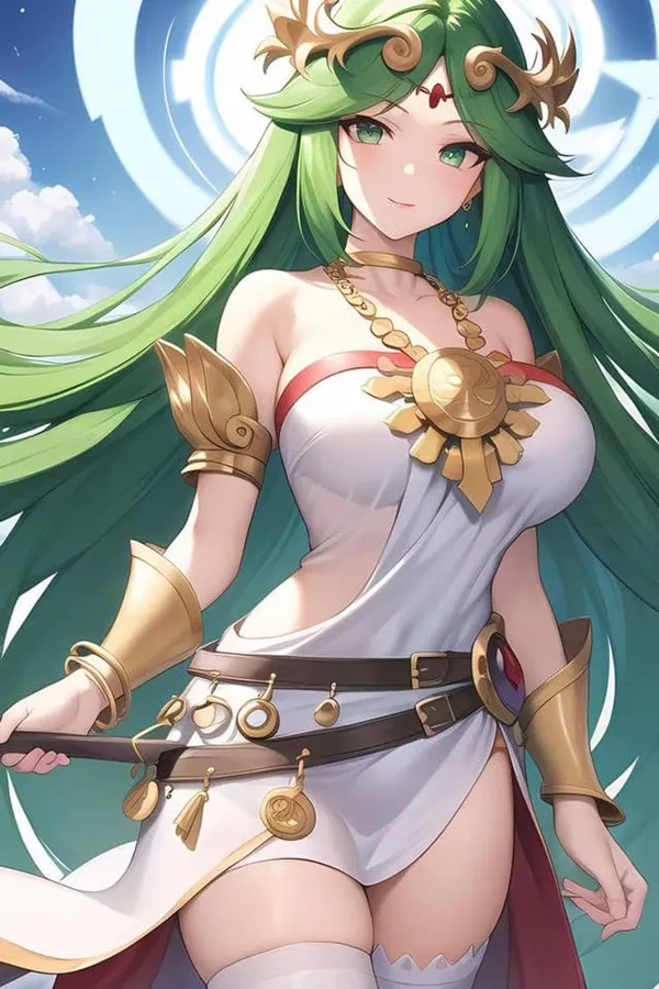 Ảnh palutena hình một người phụ nữ có mái tóc dài màu xanh lá cây cầm kiếm