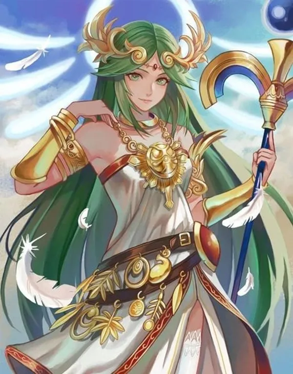 Ảnh palutena một bản vẽ của người phụ nữ có mái tóc xanh cầm kiếm