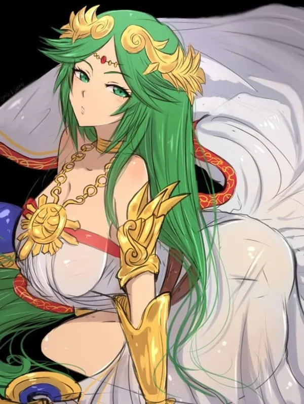 Ảnh palutena dễ thương hình một người phụ nữ có mái tóc dài màu xanh lá cây ngồi trên giường