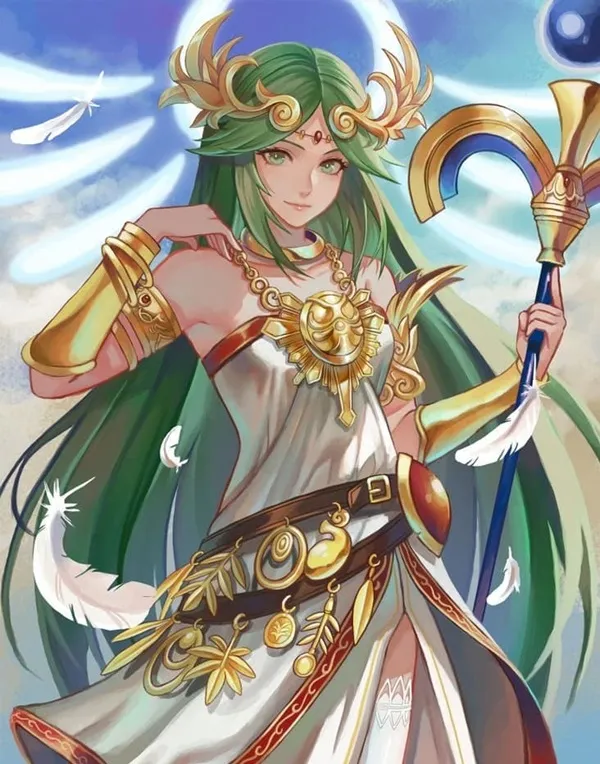 Ảnh palutena dễ thương hình một người phụ nữ có mái tóc xanh cầm kiếm