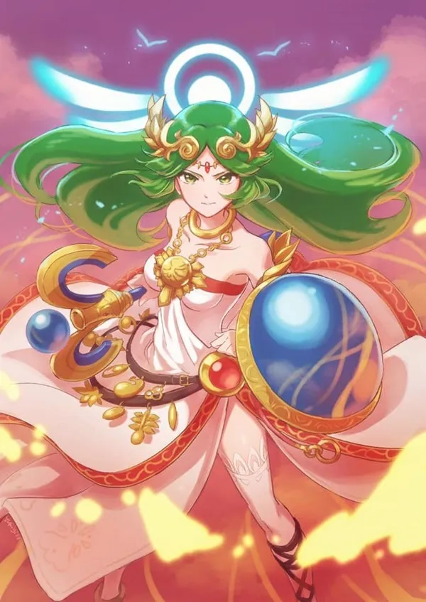 Ảnh palutena dễ thương hình một người phụ nữ có mái tóc xanh cầm quả bóng màu
